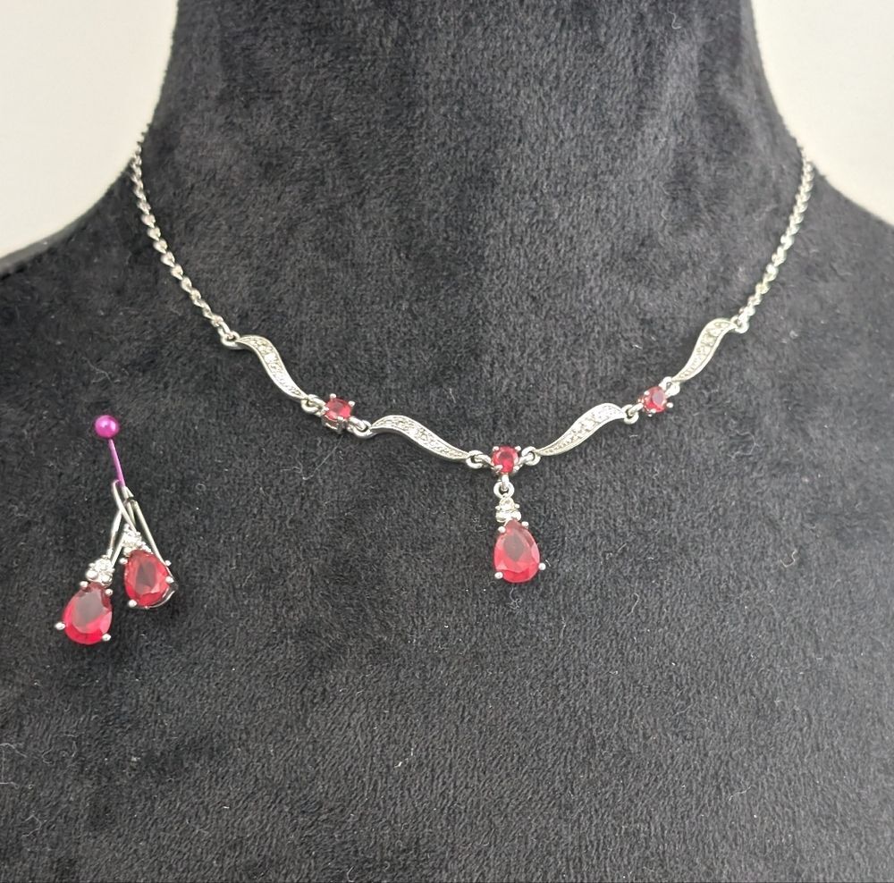 Vintage Nina Ricci Red Crystal Necklace Earring Set Rhodium Plated Silver Tone